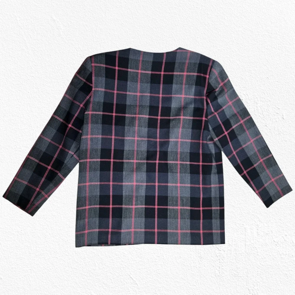 Vintage 90s Charcoal Gray Pink Plaid Boxy Blazer Petite Jacket Size 12P